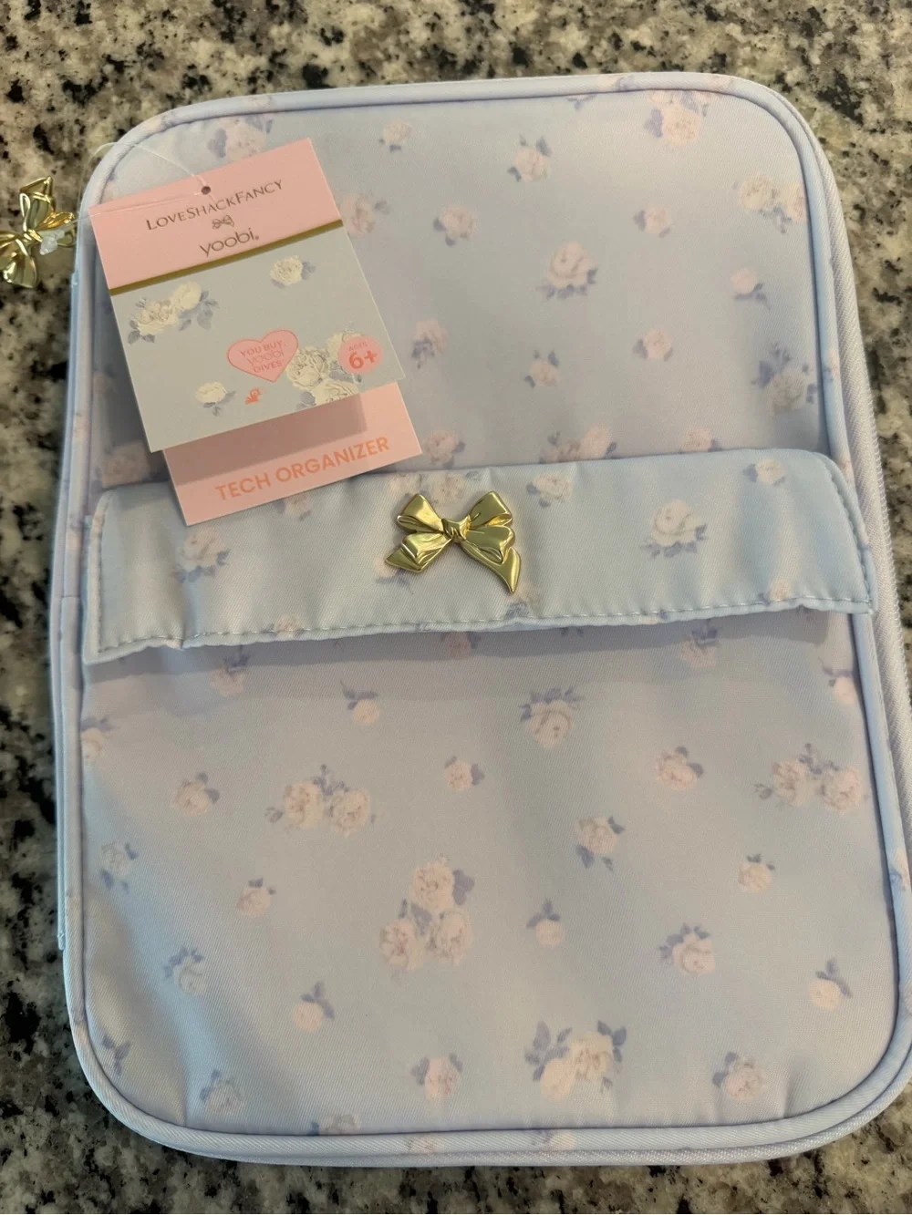 Yoobi Light Blue Floral Tech Organizer with Gold Bow Accent